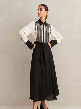 ME+EM Black and cream Long Sleeve Midi Dress